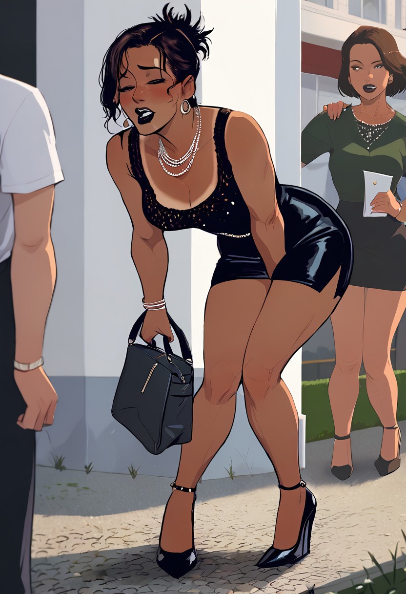 score_9, score_8_up, milf, 2 lesbians on a date, touching her girfriend belly, desperate, on a crowded street, standing in queue to porta-potty, desperation, crossed legs, bent over, holding crotch , toned female, messy ponytail, side locks,multiple women,  bag on shoulder,tight clothing, black short dress, high heels, multiple necklace, horny facial expression,(source_anime:0.4), (tan skin:1.3), dark lipstick