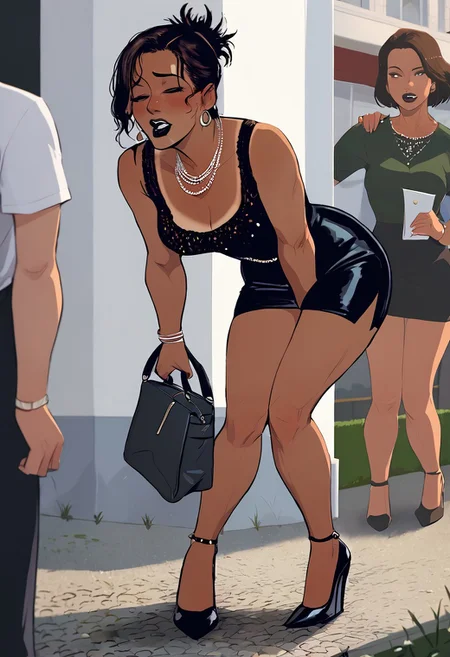 score_9, score_8_up, milf, 2 lesbians on a date, touching her girfriend belly, desperate, on a crowded street, standing in queue to porta-potty, desperation, crossed legs, bent over, holding crotch , toned female, messy ponytail, side locks,multiple women,  bag on shoulder,tight clothing, black short dress, high heels, multiple necklace, horny facial expression,(source_anime:0.4), (tan skin:1.3), dark lipstick