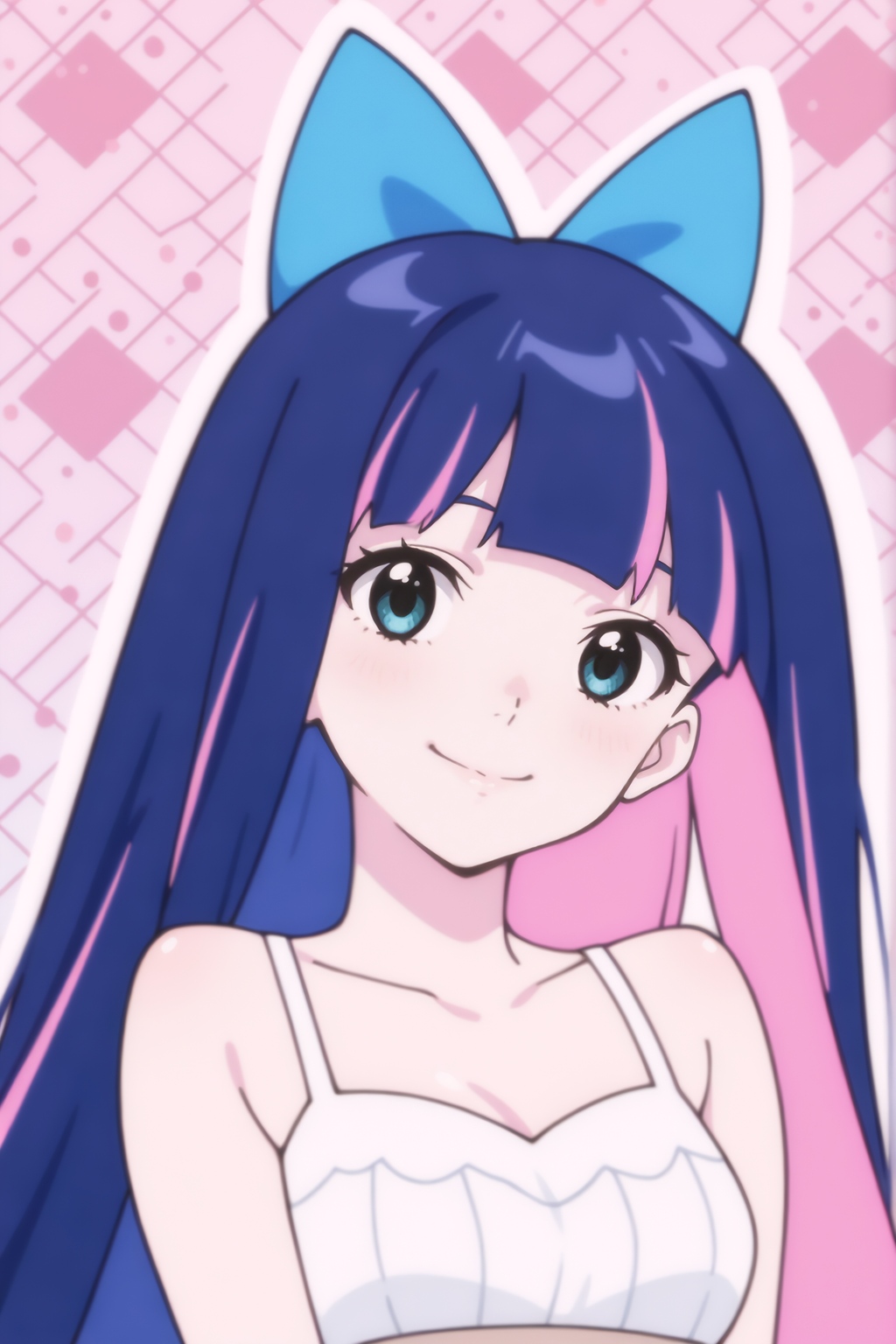 <lora:Stocking:0.8>  Vetty, blue hair, dark blue hair, pink highlights, turquoise eyes, blue hair bow, anime style, upper body, smile