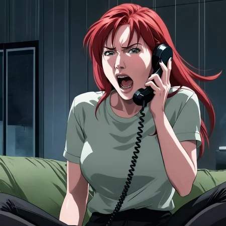 concept art of <lora:anime manga girl style:1.2>
a screaming shouting woman with red hair while talking on a cordless phone inside a dark living room anime manga girl style, digital artwork, illustrative, painterly, matte painting, highly detailed