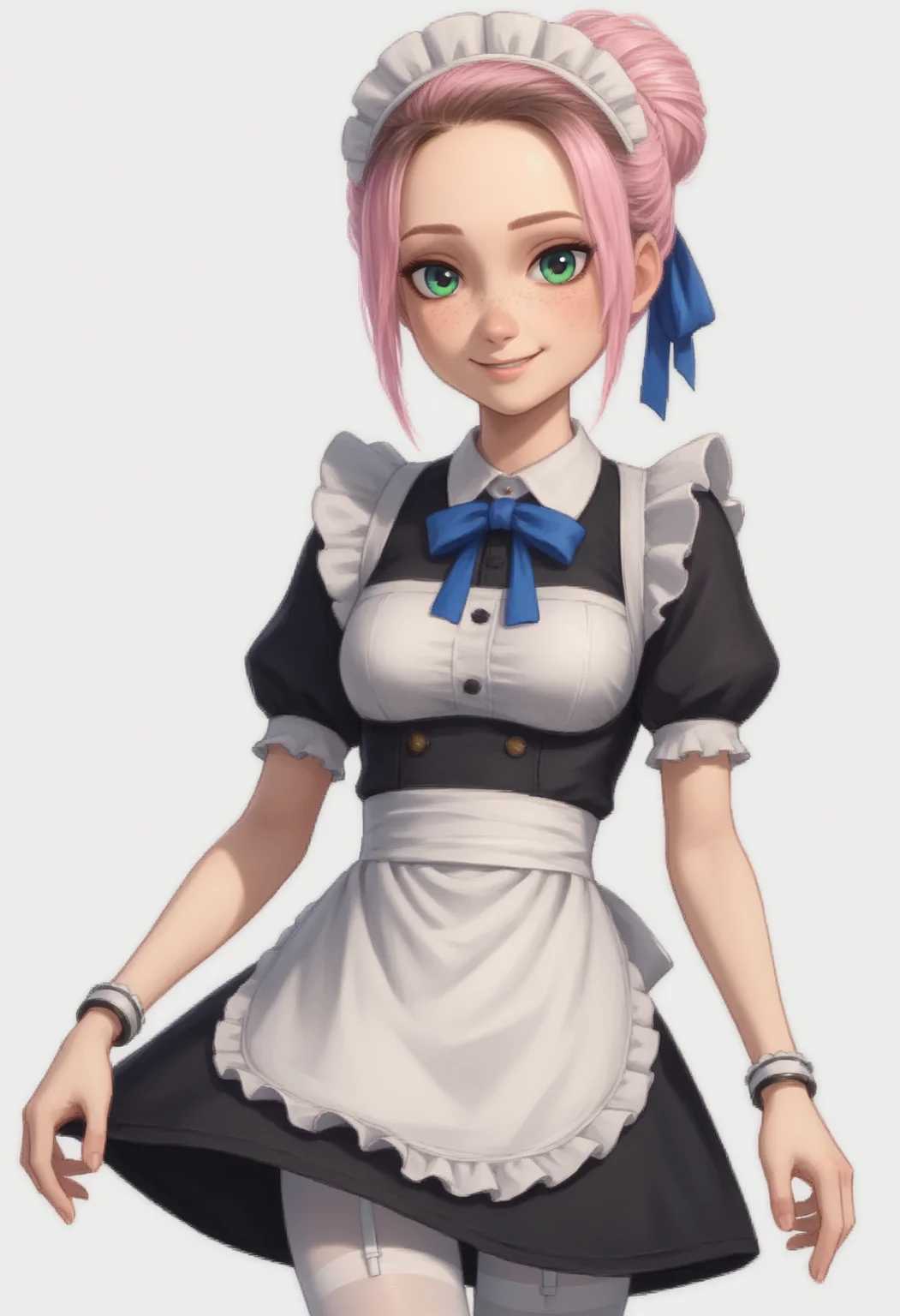 1girl, solo, Br00klynn, green eyes, freckles, pink hair, short hair, single hair bun, bracelet, maid, maid headdress, white apron, waist apron, detached sleeves, wide sleeves, detached collar, hair ribbon, blue ribbon, frilled sleeves, frills, white pantyhose, garter straps, <lora:Brooklynn - Camp Cretaceous-000010:1>, looking at viewer, smile, score_9, score_8_up, score_7_up, cowboy shot, standing, white background, simple background,