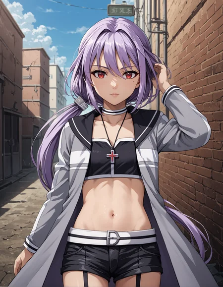score_9, score_8_up, source_anime, 1girl, upper body, medium shot, detailed, pmmmamanosuzune, sznmgc, purple hair, low ponytail, mole under eye, red eyes, white choker, grey hairpin, black necklace, cross pendant, grey open coat, black top, white belt, black shorts, outdoors, alley, wind, hand in hair, <lora:pmmmamanosuzune_XL:1>