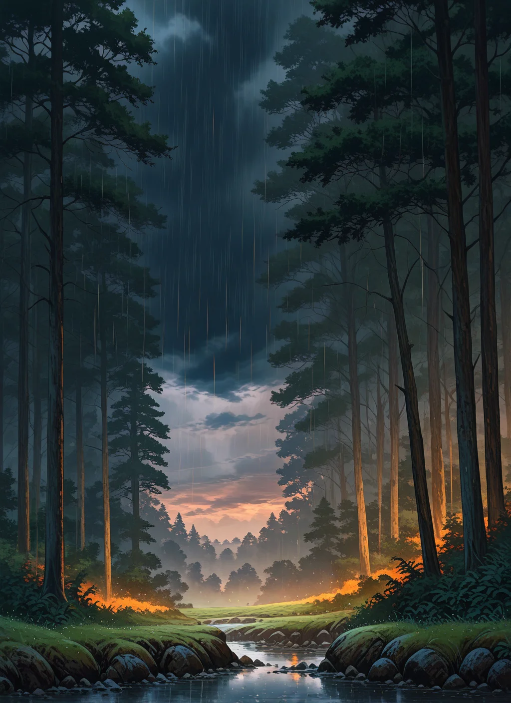 artist:, masterpiece, best quality, newest, very awa, absurdres, highres, scnr, dark clouds, orange hues, rain, wind, forest, trees, detailed, <lora:SDXL\Illustrous\Concept\Scenery_Enchancer-Illu-scnr:1.0>