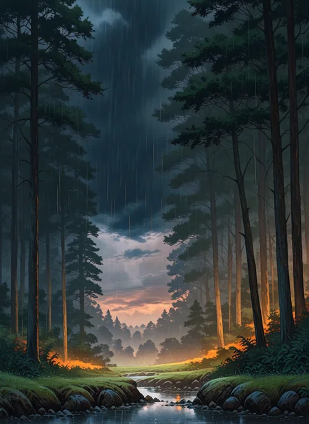 artist:, masterpiece, best quality, newest, very awa, absurdres, highres, scnr, dark clouds, orange hues, rain, wind, forest, trees, detailed, <lora:SDXL\Illustrous\Concept\Scenery_Enchancer-Illu-scnr:1.0>