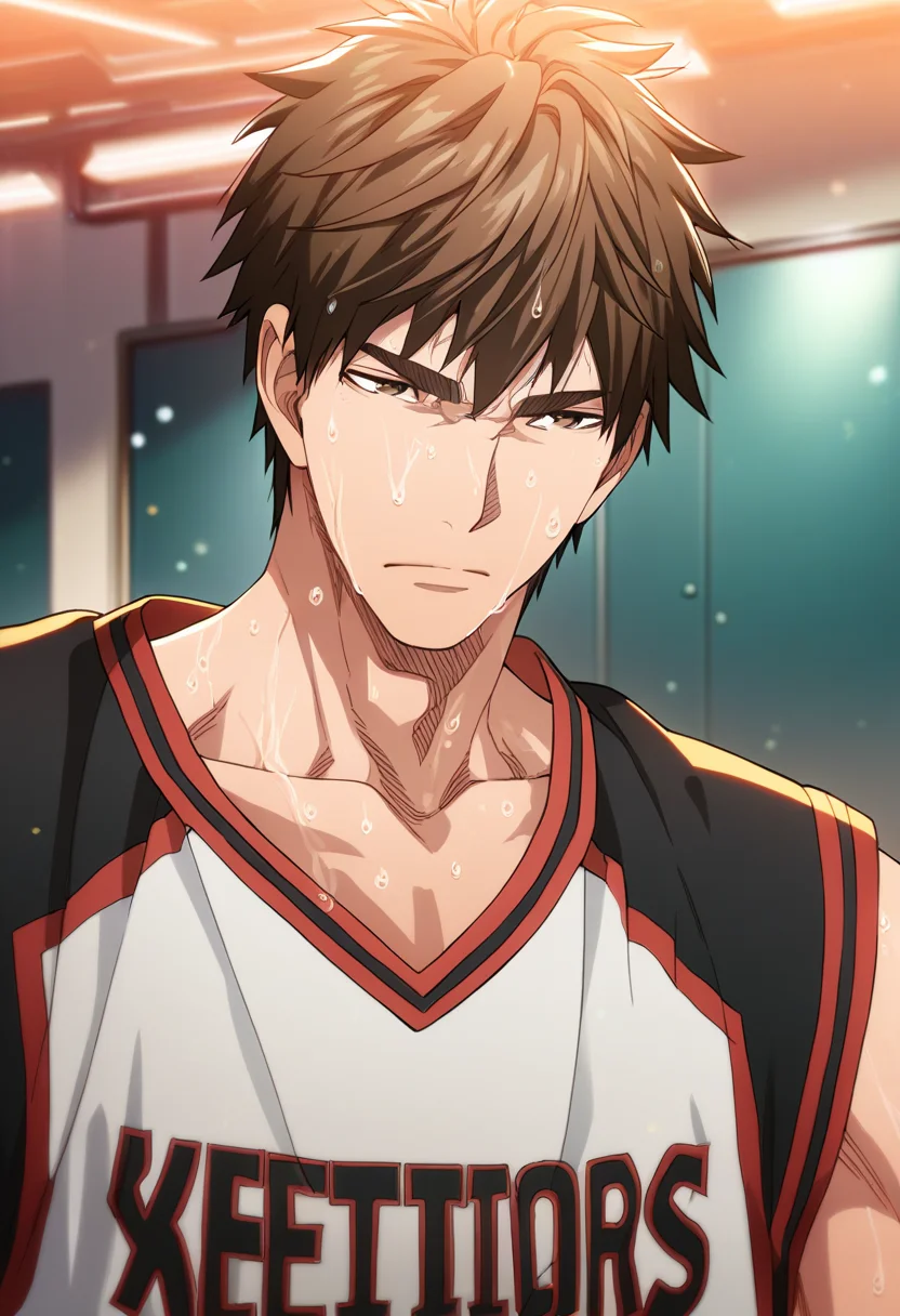 1boy, male focus, solo
<lora:Character - Kuroko no Basuke - Teppei Kiyoshi:1> teppeik, brown eyes, brown hair
,((zPDXL)), score_9_up, score_8_up, score_7_up, score_6_up, score_5_up, score_4_up, best quality, amazing quality, best aesthetic, absurdres, year2023, uncensored, nsfw, official art, official style, depth of field, detailed eye,
indoors, basketball court,
basketball uniform, tired, heavy breathing, sweat, serious, upper body,