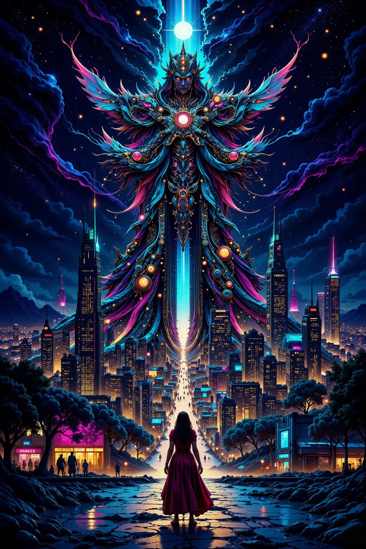 a mythological city, bright luminous night, woman, very intricate, very detailed, sharp, bright, colorful, <lora:Hand v2:0.5> <lora:Anti-Blur:1><lora:Insane Detail Slider:0.25>  <lora:flux.1_lora_flyway_Epic-detail_v2:0.3> <lora:fluxenhancer:0.25><lora:ck-Neon-Retrowave:0.4> ck-rw, in the style of ck-rw,  <lora:Neurocore Anime Cyberpunk:0.8> A digital artwork in the style of cknc