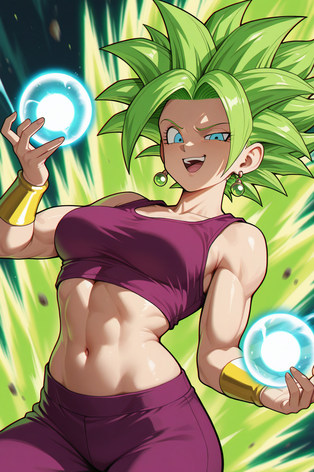 kefla \(dragon ball\), 1girl, blue eyes, blurry, breasts, chromatic aberration, crop top, earrings, energy ball, green hair, jewelry, linea alba, medium breasts, midriff, navel, open mouth, pants, potara earrings, purple pants, purple tank top, raised eyebrow, smile, smug, solo, super saiyan, tank top, toned, toned female, wristband, masterpiece, best quality, absurdres, amazing quality