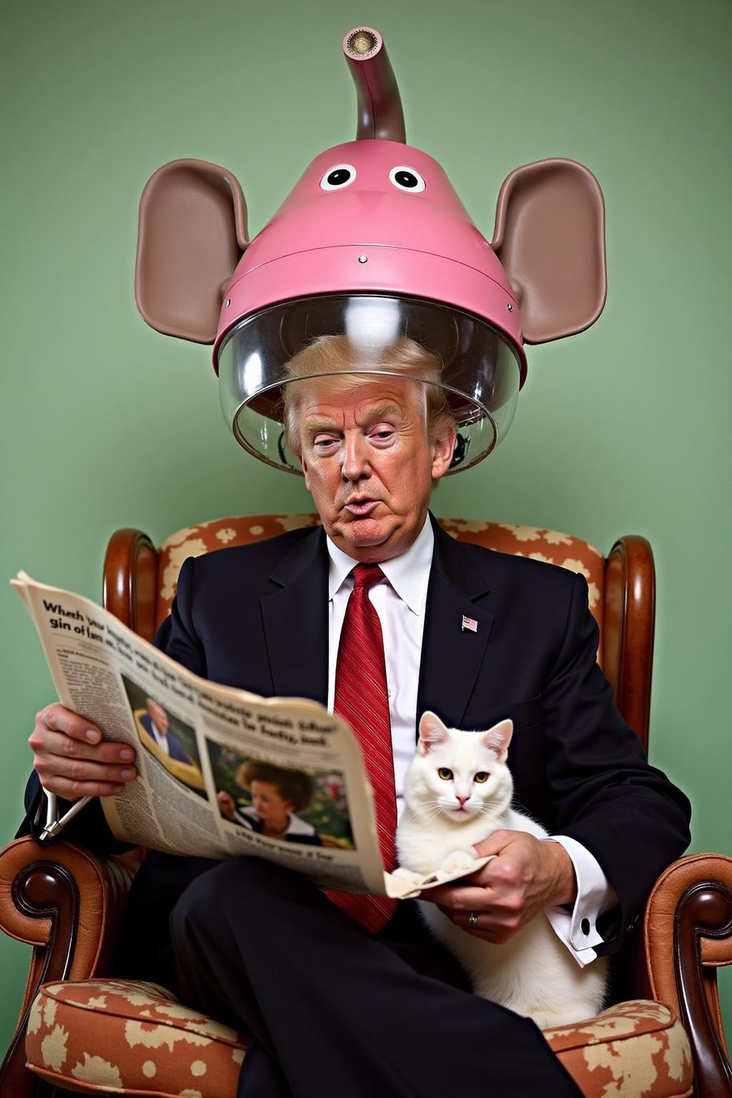 Donal Trump sitting on a chair reading newspaper. He is wearing a large vintage hair dryer over his head that looks like a pink elephant's head. There is a a white cat sitting on his lap. <lora:vintage_hairdryer2_nocap_d4a2e4:1.0><lora:805470732386673006:0>