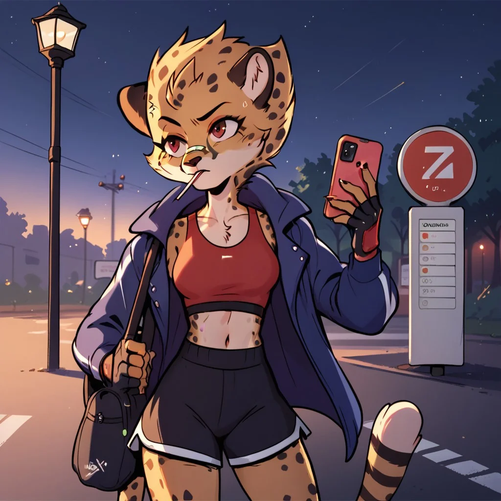 score_9_up, score_8_up, score_7_up, ashBeezii, cheetah, red eyes, furry, spotted fur, fingerless gloves, sports bra, open hoodie, gym shorts, texting, looking at phone, ((leaning, against telephone poll)), outdoors, lollipop in mouth, bus stop, night, streetlight, night sky, phone light, gym bag