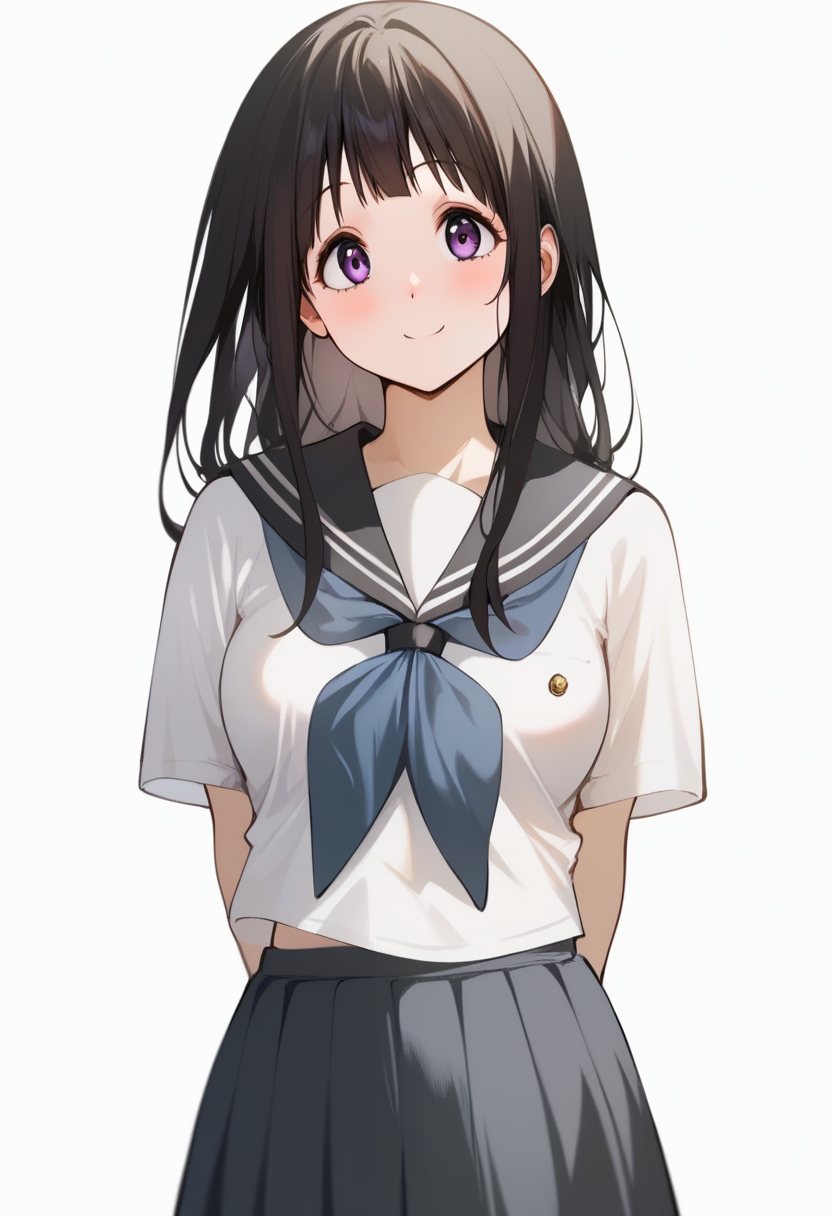 score_9,score_8_up,score_7_up,<lora:chitanda_eru_pony:1>,breasts,chitanda_eru,smile,1girl,cropped_legs,absurdres,shirt,commentary,solo,serafuku,white_background,looking_at_viewer,skirt,arms_behind_back,highres,kamiyama_high_school_uniform_\(hyouka\),alternate_hairstyle,simple_background,