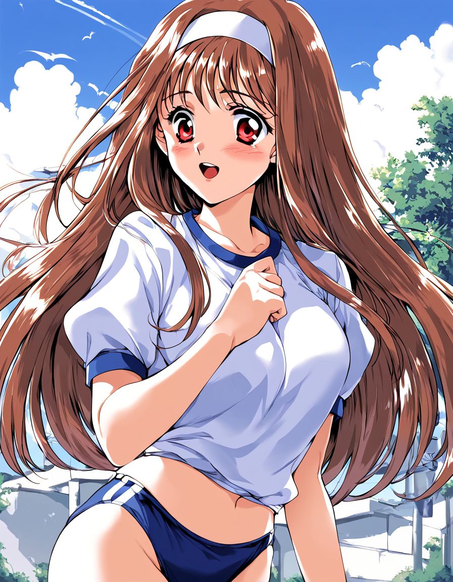 score_9, score_8_up, score_7_up, score_6_up, score_5_up, score_4_up, source_anime, rating_explicit, BREAK
 <lora:Yuuki_Mizuho_XL:1> YuukiMizuho, 1girl, soro,  long hair, hairband, red eyes, brown hair, outdoor, sky, large_breasts, 
dark blue buruma, blush, white gym uniform, open mouth, cowboy Shot,