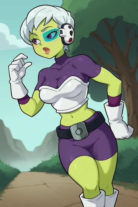score_9, score_8_up, score_7_up, BREAK,  <lora:demondeals-guy-PONYv1:1>, 1girl, solo, breasts, lips,   <lora:Cheelai:0.95> cheelai, purple bodysuit, white armor, white gloves, white boots, belt, tinted eyewear, outdoors, green sky, green skin,