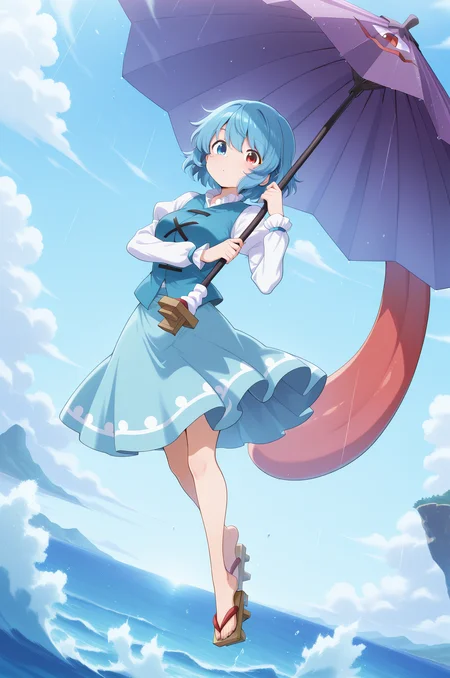 absurdres, highres, masterpiece, best quality, amazing quality, official anime artwork, screencap, anime screencap, outdoors, looking at viewer, dynamic pose,
<lora:Kogasa-Tatara_Illustrious:1> tatara kogasa, 1girl, solo, heterochromia, red eyes, blue eyes, blue hair, short hair,, white shirt, long sleeves, juliet sleeves, blue vest, blue skirt, holding umbrella, karakasa obake,
flying, day, sea, cloud, ocean,