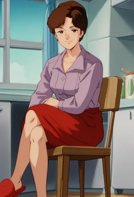 score_9, score_8_up, score_7_up, score_6_up, anime screencap, anime coloring, <lora:G0080_epoch_10:0.9>, G0080M, 1girl, solo, brown hair, short hair, brown eyes,
long sleeves, purple shirt, red skirt, long skirt, red slippers, 
looking at viewer, smile, sitting, on chair, crossed legs, 
BREAK indoors, window, blue sky, sky, sunbeam, kitchen,