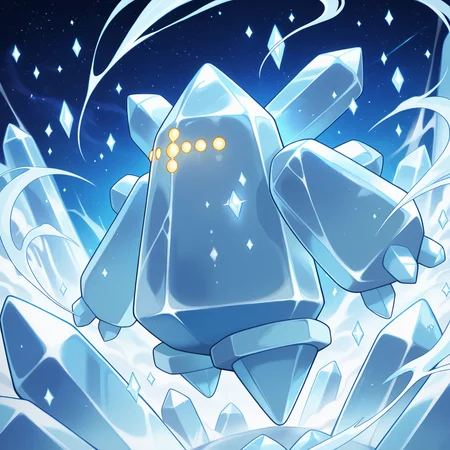 detailed, detailed_background, vibrant, amazing quality, beautiful quality, <lora:regice-15:1> (pregi), pokemon \(creature\), ice_body, symmetrical_design, crystal body, ice body, 1other, ice aura, celestial,