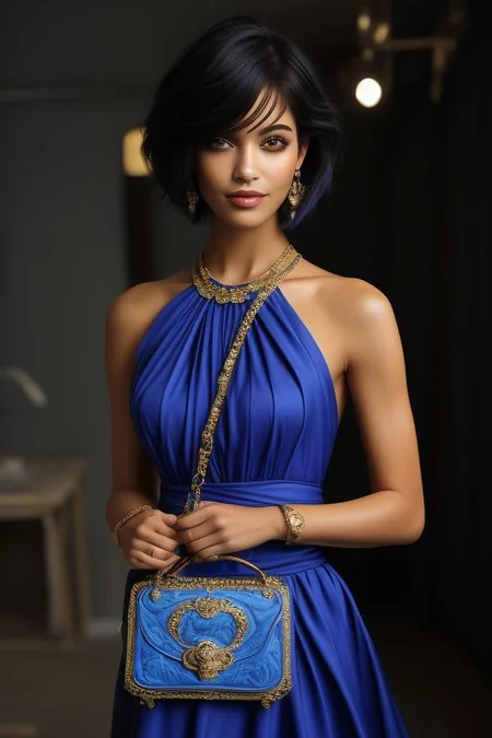 masterpiece,best quality,ultra_detailed, bellissima, 1girl , smile, versace style, haircut style short bob, dress, sleeveless, high heels, shoulder bag, by Ellen von Unwerth, studio light, blue theme