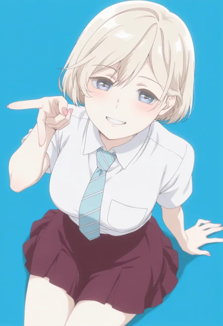 anime screencap, anime coloring, <lora:DX888Niina:1> sugawara niina, blue eyes, blonde hair, short hair, BREAK simple background,  blue background,  BREAK  school uniform, white shirt, striped necktie, skirt BREAK   1girl, blush, breasts, grin, gyaru v,  looking at viewer, sitting, solo, thighs, v, arm support, (from above:1.2), (from side:0.9)
