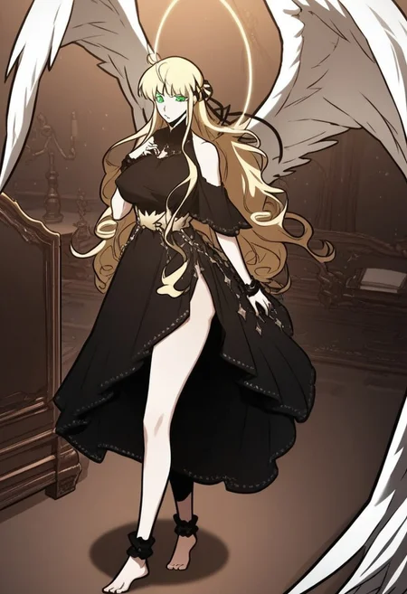 Score_9, Score_8_up, detailed background, high quality, detailed character, high quality face, night, pov, bedroom, Expressiveh, Character, zPDXL, Uriel, green eyes, blonde hair, long hair, classic clothes, black dress, necklace, halo, white wings, clothes, toned, large breasts, puffy nipples, large ass, ass expansion, thick thighs wide hips, wide shot showing female, full body shot, looking at viewer, lustful, posing, fully turned to viewer