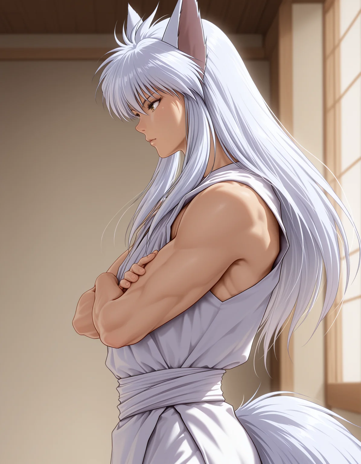 best quality, masterpiece, realistic, cowboy shot, tail, waist sash, crossed arms, from side, fox ears, y0k, youko kurama, kurama \(yu yu hakusho\), toned, portrait, 1boy, solo, sleeveless, yellow eyes, simple background, indoors, <lora:yokokuramaillV1:0.75>