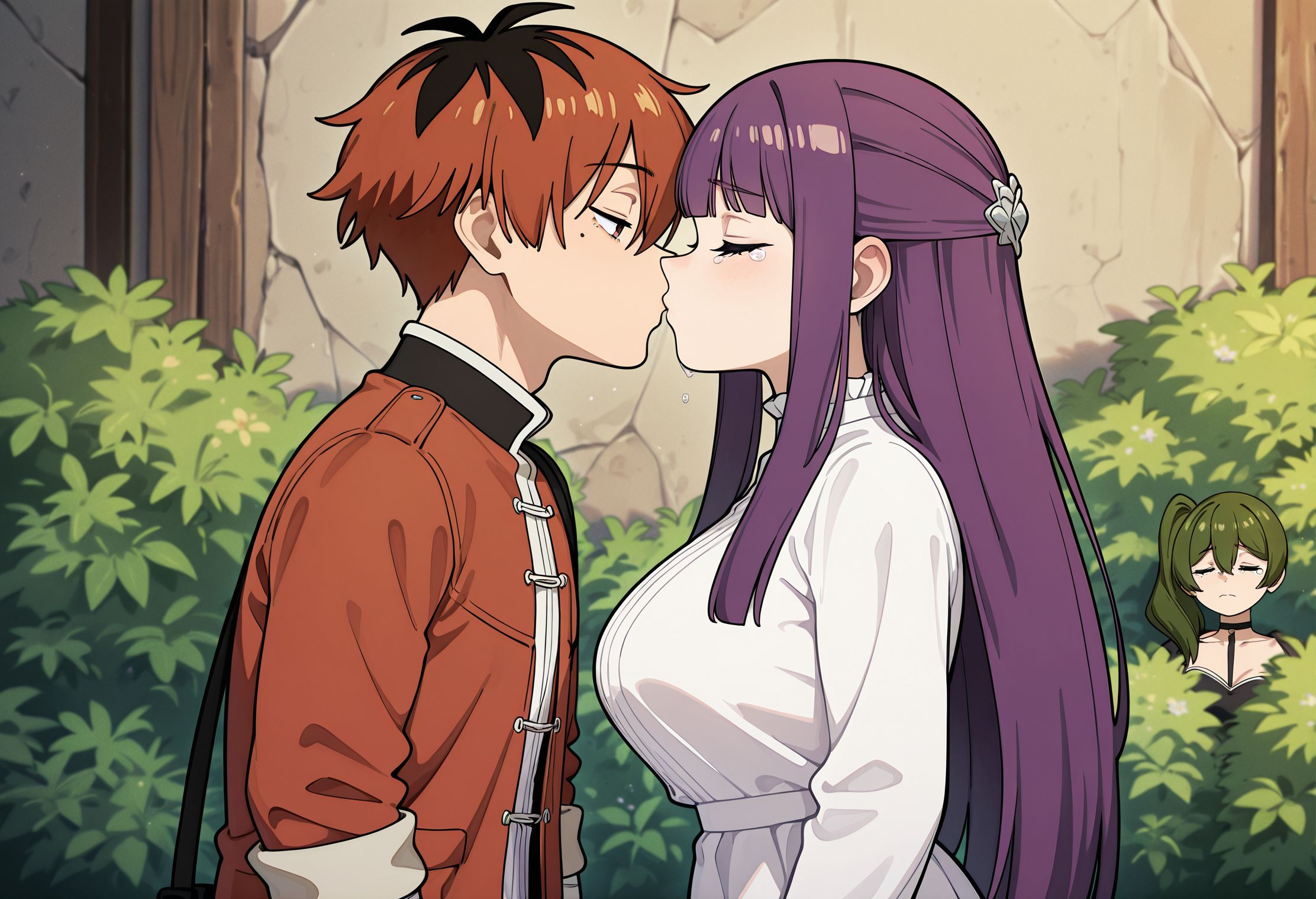 masterpiece,best quality,amazing quality,very aesthetic,absurdres,newest,huge filesize,
<lora:spo_sdxl_10ep_4k-data_lora_webui:0.5>,
<lora:add-detail-xl:1>  anime coloring,uncensored,
<lora:Forced_to_Watch_NTR:1>Forced_to_Watch_NTR,
only 3preson,
2girls,1 boy,hetero, 
kiss, looking at another, 
bush,
boy kiss girl ,
closed eyes,
forced to watch, 
(one girl  standing at background is looking at couple kissing, sad, tearing up), 
BREAK
red dress ,
stark \(sousou no frieren\), 
BREAK
ubel \(sousou no frieren\), 
BREAK
fern \(sousou no frieren\), white dress,