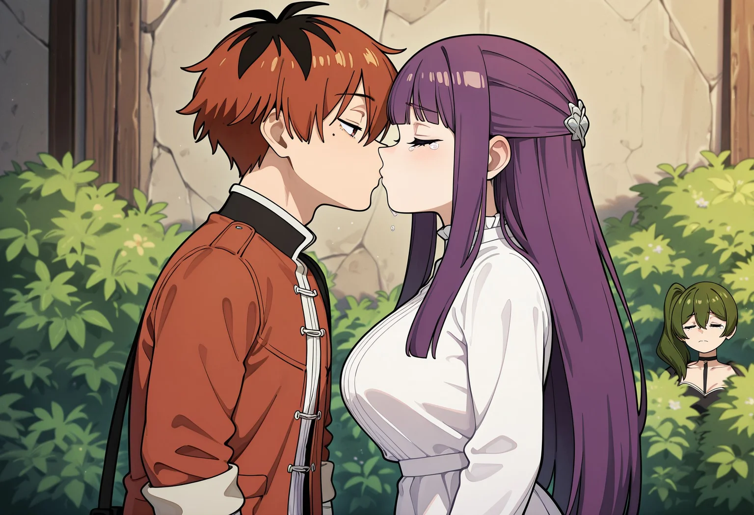 masterpiece,best quality,amazing quality,very aesthetic,absurdres,newest,huge filesize,
<lora:spo_sdxl_10ep_4k-data_lora_webui:0.5>,
<lora:add-detail-xl:1> anime coloring,uncensored,
<lora:Forced_to_Watch_NTR:1>Forced_to_Watch_NTR,
only 3preson,
2girls,1 boy,hetero,
kiss, looking at another,
bush,
boy kiss girl ,
closed eyes,
forced to watch,
(one girl standing at background is looking at couple kissing, sad, tearing up),
BREAK
red dress ,
stark \(sousou no frieren\),
BREAK
ubel \(sousou no frieren\),
BREAK
fern \(sousou no frieren\), white dress,
