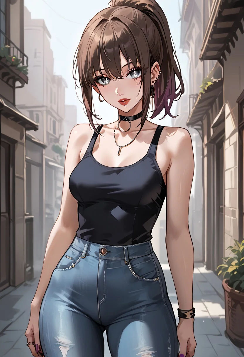 score_9, score_8_up, score_7_up, score_6_up, 1girl, expulse, medium hair, side-swepped bangs, brown hair, purple streaks, ponytail, BREAK, grey eyes, short neck, gorgeous lips, ear piercings, BREAK, medium breasts, pale skin, BREAK, solo, alone, black tanktop, tight jeans, sexy gal, no make-up (masterpiece:1.2), best quality, high resolution, unity 8k wallpaper, (illustration:0.8), (beautiful detailed eyes:1.6), extremely detailed face, perfect lighting, extremely detailed CG, (perfect hands, perfect anatomy),