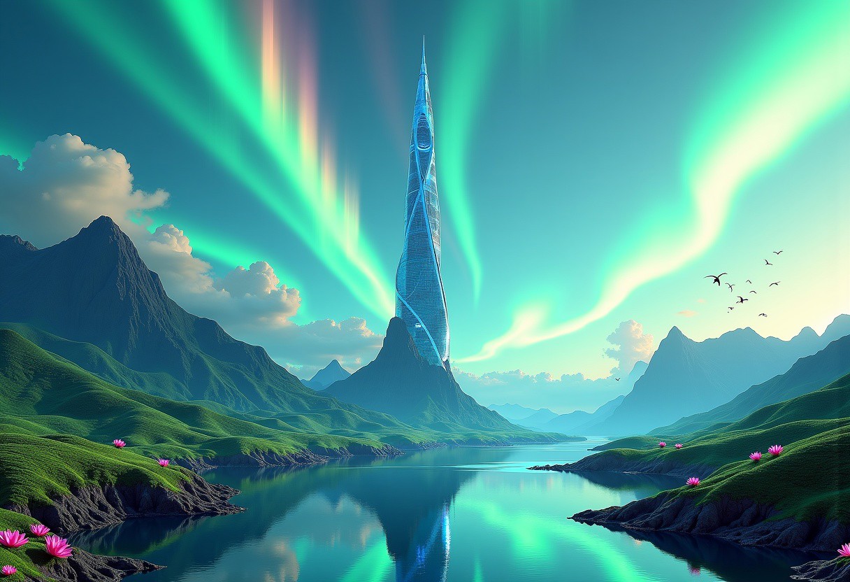 Planet Xylophia-IV, a stunning celestial body known for its breathtaking landscapes, making it an attractive destination for human colonization and terraforming efforts in the late 22nd century.
Soft, serene sky with blues gradating into vibrant, electric turquoise towards the horizon; delicate, swirling patterns of iridescent green and gold dance across the upper atmosphere.
A tranquil, crystal-clear lake reflects the aurora's ethereal dance, its surface dotted with lotus-like, bioluminescent flora that pulse in harmony with the planet's natural energy; undulating, emerald-green hills rise gently, covered in a lush, alien vegetation that shimmers with a subtle, rainbow hue; the rugged, sapphire-blue mountain range stretches across the horizon, its peaks hiding ancient, alien ruins and mysterious energy sources.
The center object is a majestic, spiral-shaped skyscraper, that pierces the sky, its surface adorned with a latticework of neon-lit futuristic accents; the spire serves as New Eden's heart, housing the colony's administration, a renowned intergalactic research center, and a luxurious, zero-gravity hotel.
As the dual suns dip below the horizon, New Eden transforms with a warm, golden lighting scheme, accentuating the futuristic elements and casting a magical glow across the landscape.
Panoramic shot from a elevated vantage point, capturing the entirety of New Eden, the lake, and the majestic distant mountain ridge.
Hd, uhd, ultra-detailed, high resolution, 4k.
