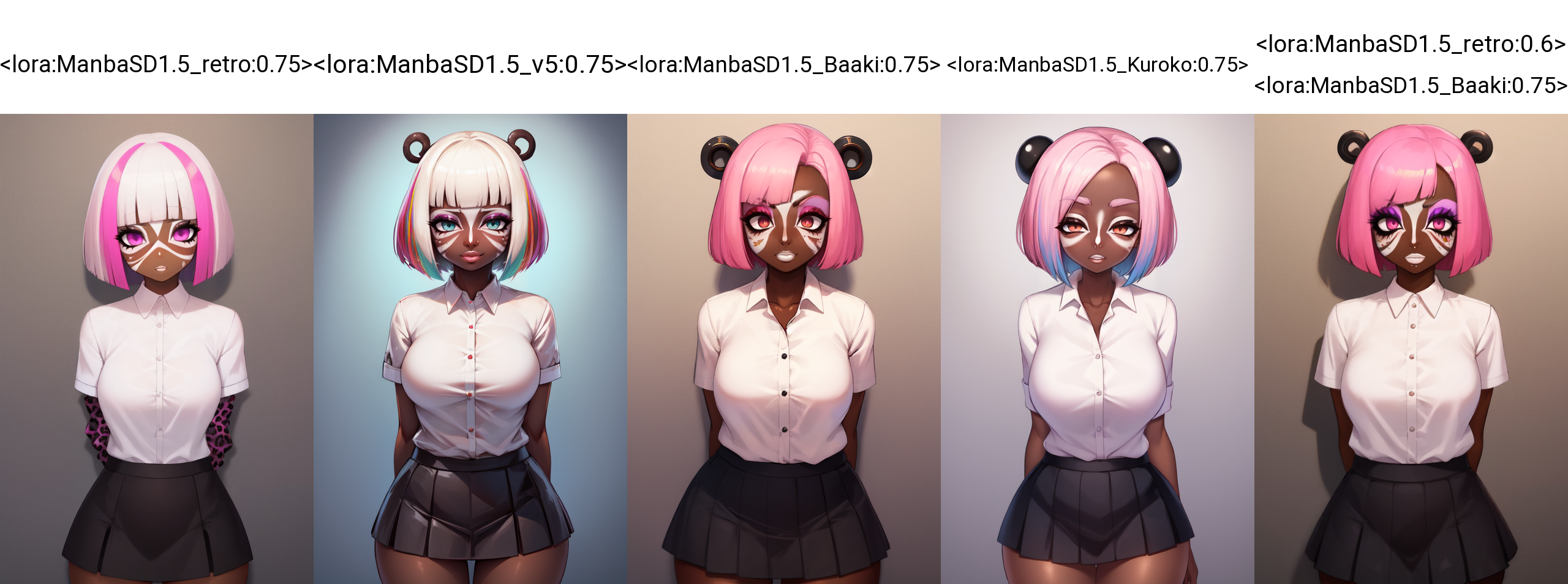 Masterpiece, colorful abstract rectangular backdrop, white backdrop, cowboy shot, skin pores, octane render, best quality, 1girl, solo, front view, upper body, dark skinned girl, very dark skin, oiled skin, (yamanba:1.5), white facepaint makeup, bob cut, multicolored hair, white shirt, buttons, pink leopard print skirt, arms behind back,  <lora:ManbaSD1.5_retro:0.75>,