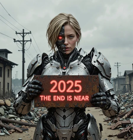 Design a cinematic, post-apocalyptic scene featuring a humanoid cyborg as the central figure. The cyborg's appearance is a striking fusion of human and machine, with one half of its face remaining human-like—blonde hair cascading in messy strands, a determined expression, and signs of wear such as scars and dirt. The other half of the face is fully mechanical, showcasing an exposed metallic skull with a glowing red eye and intricate, futuristic components. This duality represents the tension between humanity and advanced technology. The cyborg’s body is encased in skeletal cybernetic armor, with detailed mechanical joints, visible wires, and panels that appear both functional and battle-worn. The design emphasizes a high-tech, industrial aesthetic, with weathered textures, small glowing accents, and a sense of brutal efficiency in its construction. The scene is set in a desolate wasteland beneath an overcast, gray sky. The background depicts remnants of a destroyed civilization: crumbling buildings, twisted metal structures, and scattered debris that fade into a hazy, fog-filled horizon. Broken power lines stretch across the landscape, adding a sense of abandoned infrastructure. The muted tones of the environment convey a grim, dystopian atmosphere. The cyborg holds a rusted metal sign that reads '2025 - The End is Near' in bold, glowing red neon. The neon lettering provides a stark contrast to the subdued colors of the environment and draws the viewer’s eye to the message. The sign’s surface is weathered and pitted, adding realism to its presence in this harsh setting. The cyborg's stance is powerful and defiant, facing the camera directly as if issuing a warning or a challenge. Its expression—half-human, half-machine—evokes both sorrow and resolve, suggesting an awareness of the precarious state of its world. The figure is framed to dominate the foreground, ensuring its intricate details and emotional impact take center stage. Focus on hyper-realistic details, from the metallic sheen and fine engravings of the cyborg’s exposed components to the dirt and imperfections on its human features. The textures of the environment—cracked ground, rusted metal, and hazy skies—should contribute to the bleak, immersive atmosphere. Subtle lighting effects, such as the glow of the cyborg’s red eye and the neon sign, should provide pops of color that enhance the visual drama of the scene. The overall tone is cinematic and foreboding, blending elements of science fiction and dystopian storytelling. The image should provoke thought about the collision of humanity and technology in a world pushed to its breaking point while maintaining a captivating, visually arresting composition.