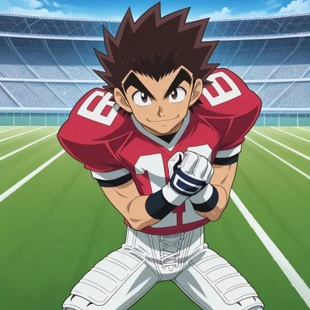 official art, male, High Quality, perfect anatomy, HD, anime style, break
TAROU RAIMON, 1boy, alone, brown hair, thick eyebrows, dark brown eyes, athletic build, smiling, posing, looking at viewer, football uniform, tight uniform, red and white uniform, football field, squating,