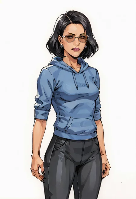 score_9, score_8_up, score_7_up, score_6_up, score_5_up, (cel-shading, rivals),  (((yoji_shinkawa, Sketch, Traditional media))), <lora:Yoji_v2-000014:0.85>
movie-themed, sharp, detailed, epic photography, artistic, dramatic light, cinematic style, film style, bokeh, cinemascope, moody, epic, gorgeous, film grain, grainy, (((gritty))) 
BREAK
1girl, ((asian female)), purple athletic yoga pants, blue athletic hoodie, ((bob haircut)), athletic shirt, multicolor hair, grey hair streak, black hair, ((sunglasses)), (((mom))), modern, realistic, athletic build, (wide hips, round hips, thick thighs), small breasts, motherly, confident, (((motherly))), attractive, beautiful woman, hand on hip, dynamic pose, oblong face, long face, (((Vietnamese woman))), (((sassy pose))), ((painted nails)), long nails, ((golden skin)), (brown skinned female), brown eyes, middle-aged woman, earrings, 
(dynamic angle), (((plain background, white background)), background out of focus, simple background,