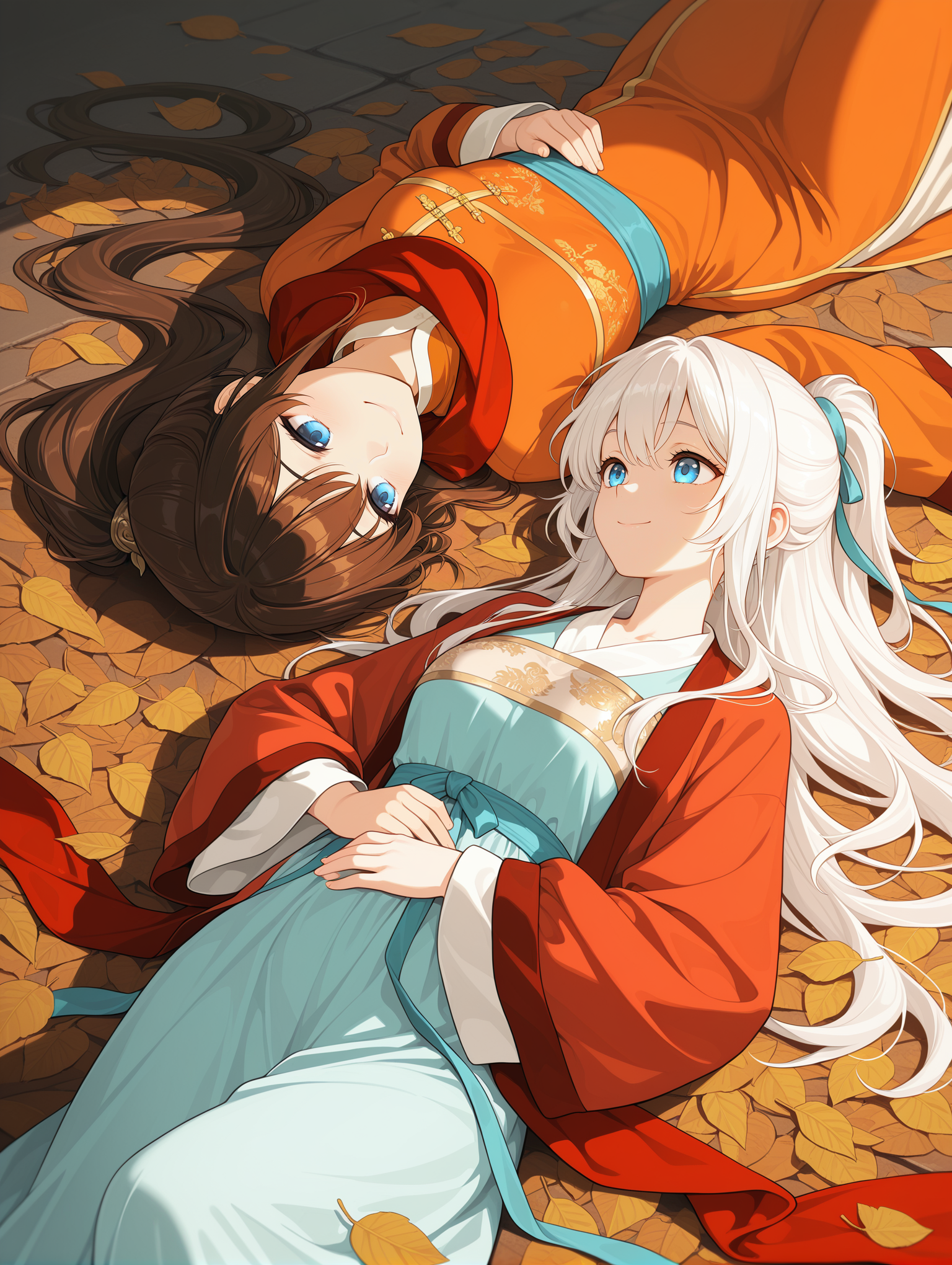 brown hair, lying, long hair, blue eyes, 2girls, multiple girls, red scarf, chinese clothes, on back, scarf, hanfu, leaf, white hair, ponytail, long sleeves, smile, looking at another
,masterpiece,best quality,amazing quality,