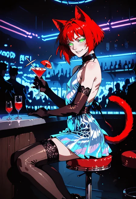 score_9, score_8_up, score_7_up, night club, lamps, night, n1ghtrav3, crowd,nightclub,rave,spotlights,ultraviolet light,crowded, podium, dancing people,
1femboy, trap, catboy, bob hair, red hair, (red cat tail, red cat ears) green eyes, slit pupils, detailed eyes, glowing eyes,smile, half-closed eyes, blush,
sitting on bar stool, bar counter, holding cocktail, side view, looking at viewer,
<lora:holographic_v0.2-pony:0.8>, holographic, backless dress, short dress, holographic dress, long gloves, black stockings, stiletto shoes, good hands,
<lora:Expressive_H:0.3>, <lora:Xenotrip_v.2:0.3>, <lora:dino:0.4>, <lora:hellsing_ultimate_style:0.3>, <lora:Retro_ASTHTC_Style:0.8>, <lora:scanlines_v2:0.2>, n3ko, <lora:anti_human_ears:1>,