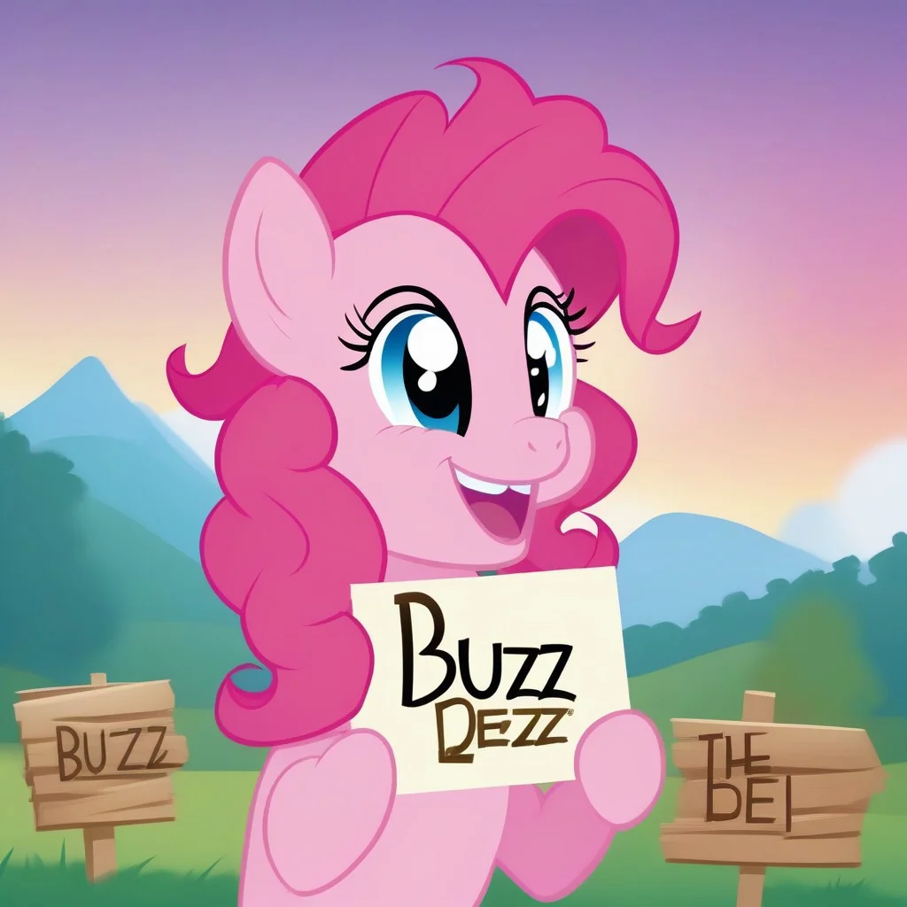 Pinkie Pie, smiling, Ponyville background, holding a sign, logo, text, sign that says buzz plz, the word buzz plz
