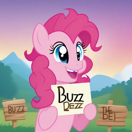 Pinkie Pie, smiling, Ponyville background, holding a sign, logo, text, sign that says buzz plz, the word buzz plz