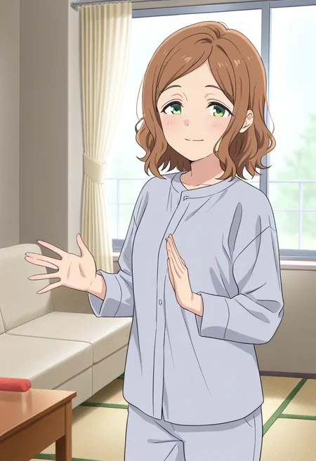 masterpiece,best quality,absurdres,perfect lighting,indoors,curtains,window,table,couch,tatami,
*//*,<lora:HealerGirl_ShokoNagisa-Illustrious:1>,shoko_nagisa,1girl,solo,brown hair,medium hair,wavy hair,green eyes,wave,pajamas,long sleeves,gray shirt,gray pants,
*//*,looking at viewer,cowboy shot,dutch angle,dynamic pose,light smile,