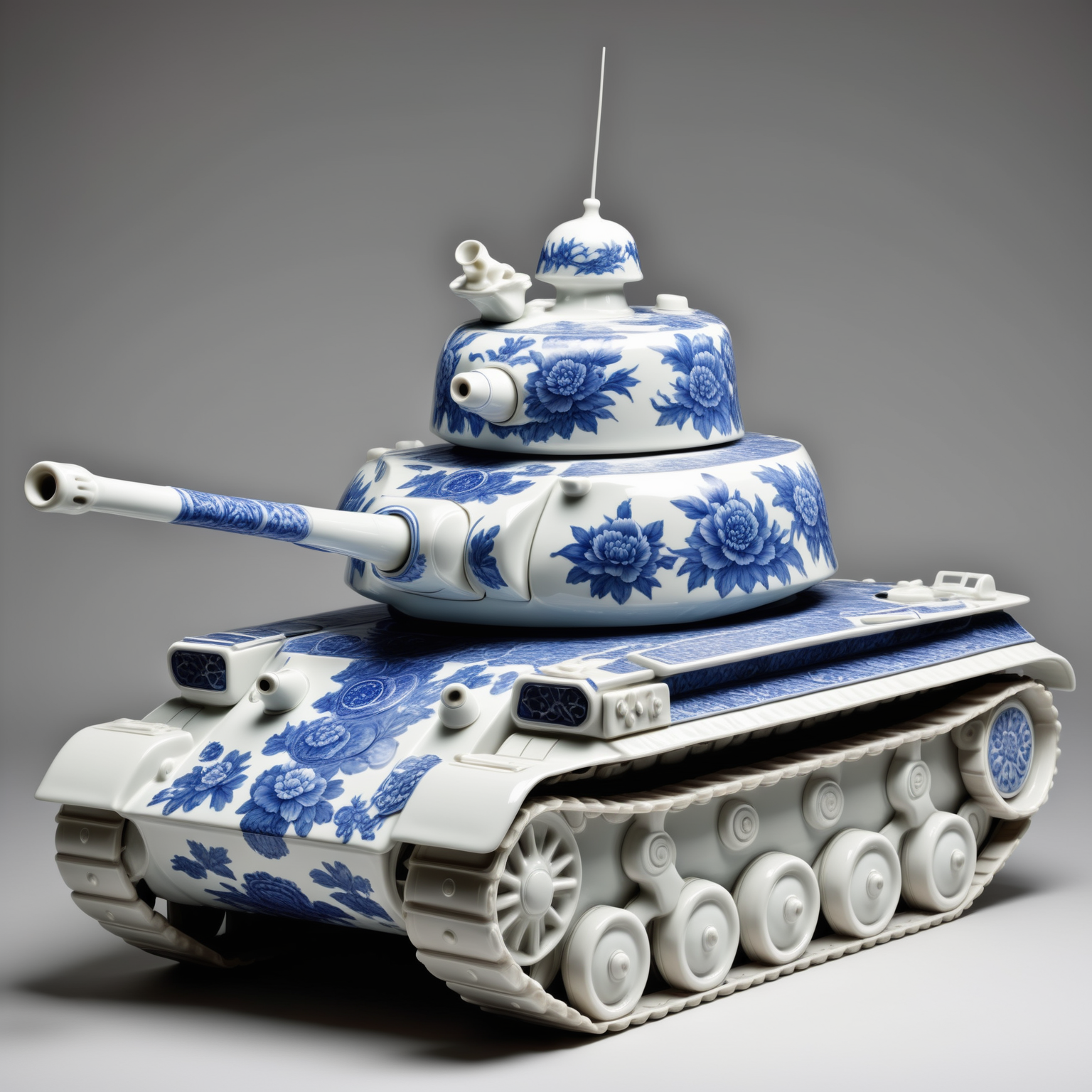 a tank made out of Bluepatternporcelain ,  <lora:BluePatternPorcelainStyle:0.7>