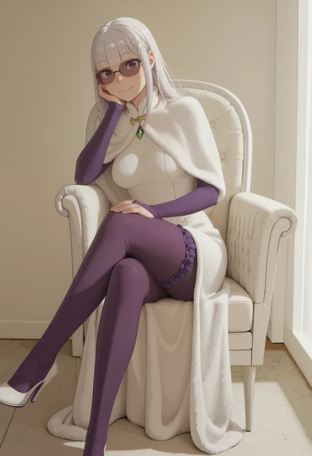 <lora:marl_texture_v0.4-illu10_done:1>,1girl,<lora:Emilia_Season_3_appearance_ReZero:1>,emilia (re:zero),white hair,purple eyes,big smile, blunt bangs,purple hair clip,bridal gauntlets, red eyeliner, bridal garter, <lora:real_fur_v0.4-illu10_done:1>, fur, purple pantyhose, sexy breasts,sexy body,detailed hands,purple sunglasses, long dress, white dress, fur dress, fur capelet, white room,windows,sitting a beautiful white chair , indoors, white high heels, crossed legs, head rest, purple gloves, upper body focus, white walls, hand on own knee, chiaroscuro, partially illuminated, volumetric lighting, dappled light, dramatic shadows, cinematic lighting, detailed background,looking at viewer