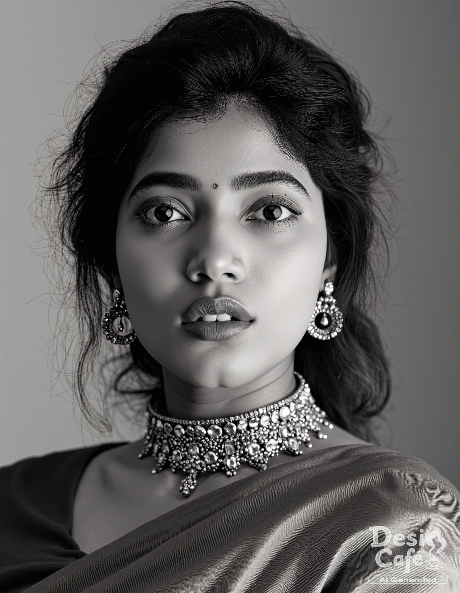 black and white photo of d351 h0nth woman, hyper realistic photo that is safe for work, expression of wonderment with wide eyes, studio quality image with natural colors, well dressed wearing intricate turtleneck Kanjeevaram Silk Saree, hair styled as  messy hair, cinematic lighting,ââ   <lora:d351 h0nth - Pouty Indian Lips - V2:1>âââ