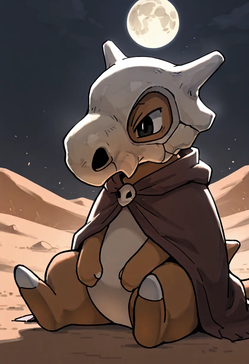 masterpiece, best quality, no humans, ,<lora:CubonePokedex_IXL:1.0>, zzCubone, solo, sitting, looking down, sad expression, night sky, full moon, desert background, dramatic lighting, soft glow, skull helmet, tattered cloak, melancholic atmosphere, dust in the air