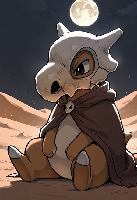 masterpiece, best quality, no humans, ,<lora:CubonePokedex_IXL:1.0>, zzCubone, solo, sitting, looking down, sad expression, night sky, full moon, desert background, dramatic lighting, soft glow, skull helmet, tattered cloak, melancholic atmosphere, dust in the air