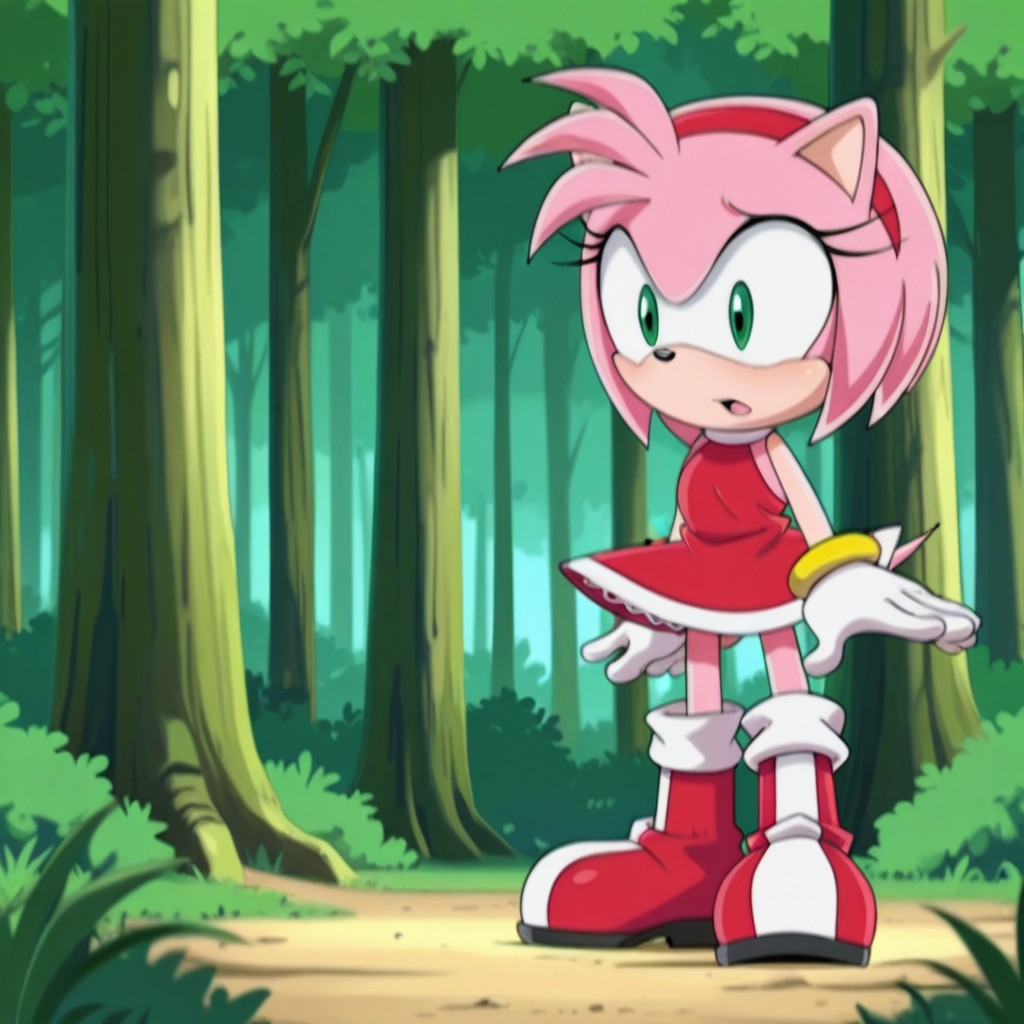masterpiece, best quality, amazing quality, AmyroseSXil, anthro, female, hedgehog, pink fur, green eyes, red hairband, red dress white trim, white gloves, gold bracelets, red boots, standing, in forest,, <lora:b3e9506e-6cdb-435a-abbd-ed70a6f12deb:1.0>