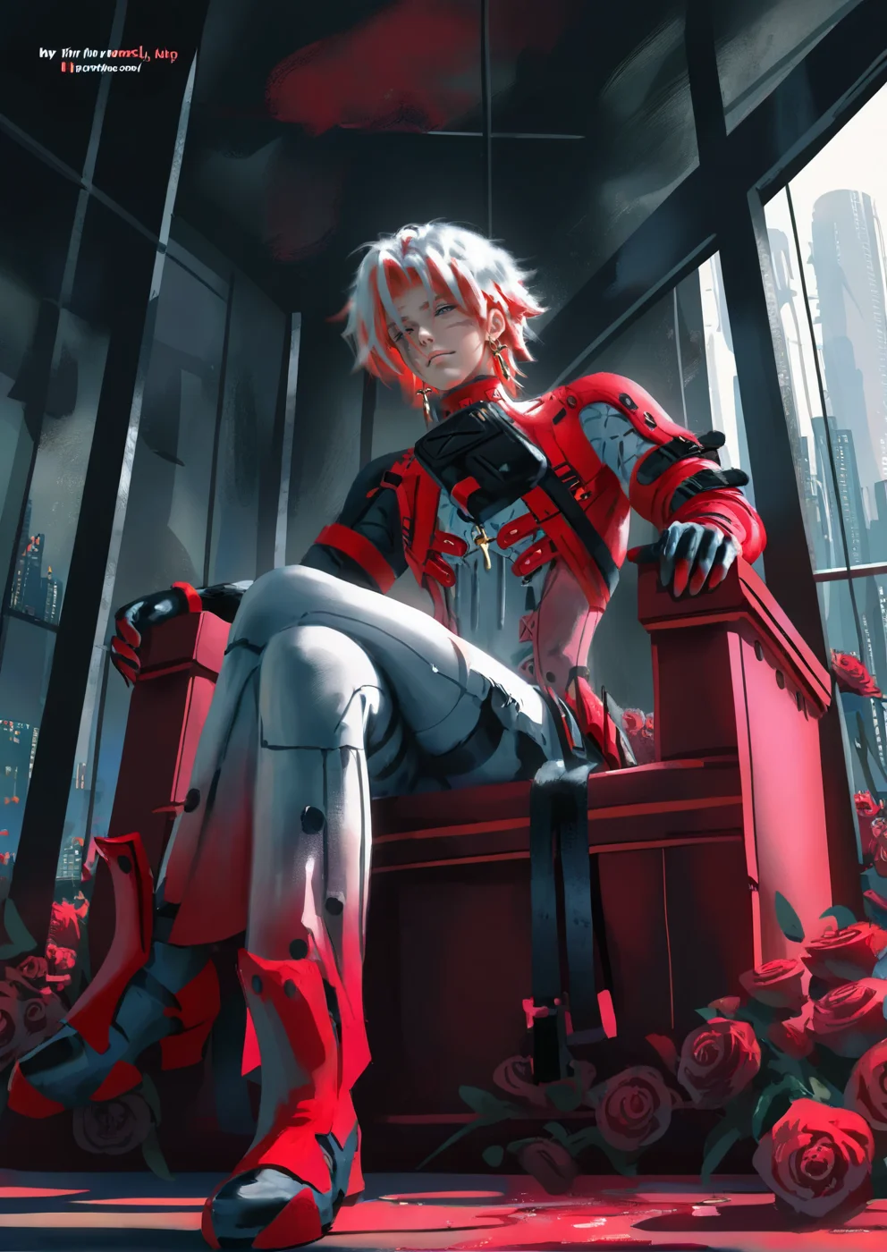 1boy,solo,masterpiece,best quality,amazing quality,realistic,cosplay,wlop,
full body,city scenery outside the window,rooftop,belt,from below,sitting on throne,roses,blood,legs crossed,
<lora:ScarLoraNoob:1>,scar_(wuthering_waves),1boy,male focus,short hair,earrings,red hair,multicolored hair,white hair,bodysuit,grey bodysuit,gloves,official alternate costume,scar on face,grey eyes,red eyes,