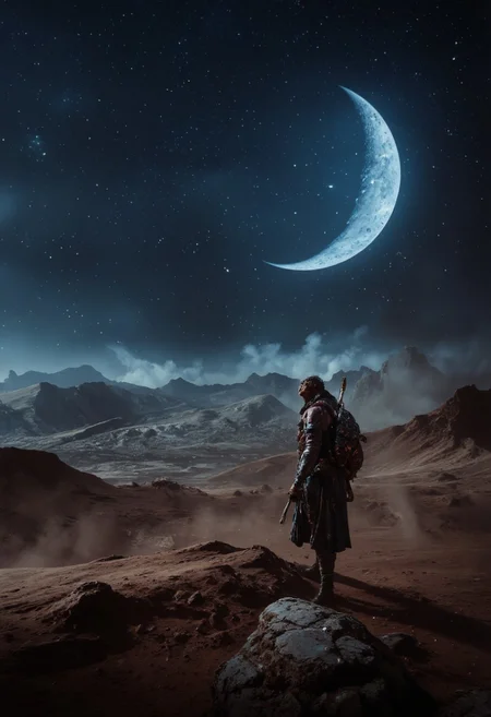 vastyle, widescreen Landscape scenery of a two toned moody desert nightscape scenery, widescreen, hyperdetailed, monochrome with color, a Knight Standing in the foreground with an intricate detailed helmet