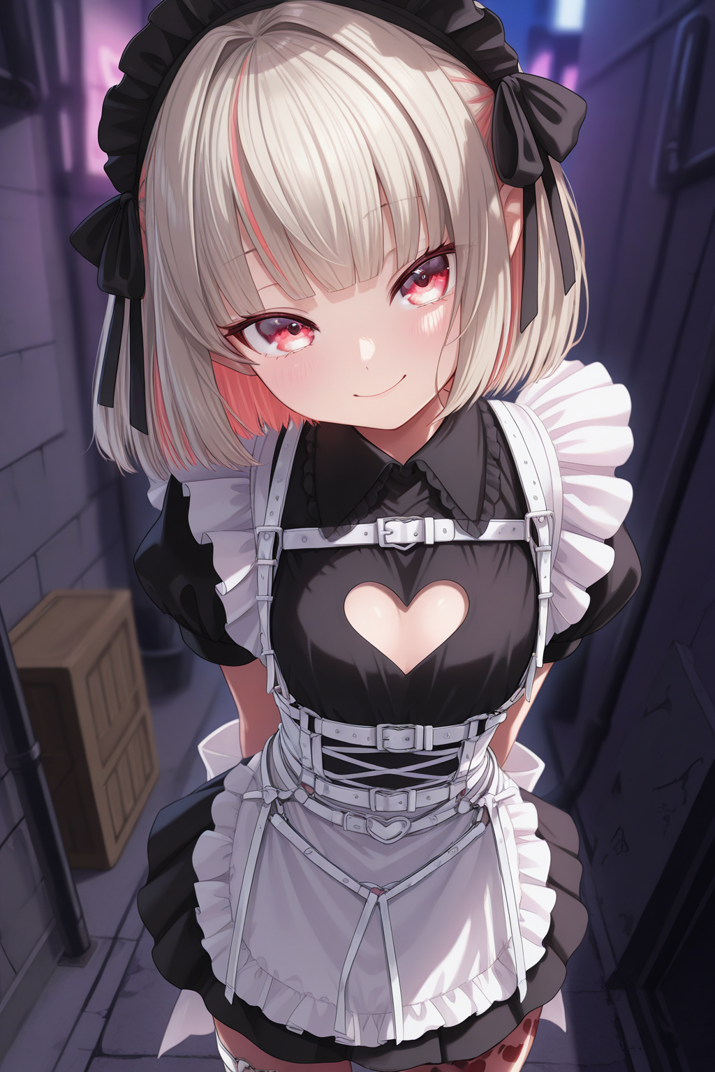 1girl,
MakaiNoRirimuNijisanji, MakaiNoRirimu5thCostume,
general, solo, perspective, dynamic angle, upper body,
grey hair, short hair, eyelashes,
maid headdress, black headwear,
black shirt, chest harness, heart cutout, 
waist apron,
thigh strap, leg tattoo, 
head tilt, smile, arms behind back,
night, alley,
depth of field,
<lora:kp_MakaiNoRirimuNijisanjiIllustrious_v1_0:1.0>,
masterpiece, best quality, amazing quality