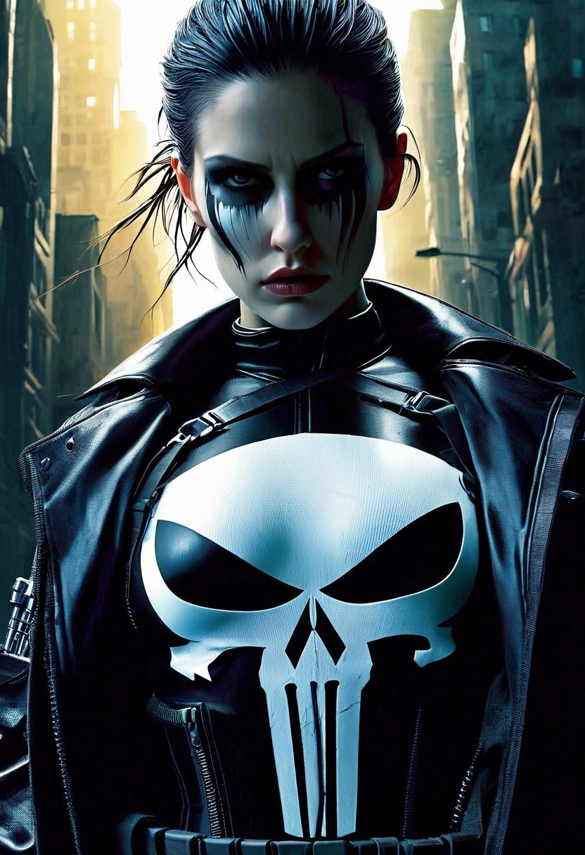 A hyper-realistic depiction of a lone girl's upper body, clad in a dark, gritty Punisher outfit, complete with a stark white skull emblem on her chest, set against a muted, urban backdrop with bold, cinematic lighting, intense shadows, and a futuristic, high-contrast color palette, shot from a slight low-angle perspective with a wide-aperture lens, emphasizing her determined gaze and rugged attire, in the style of a detailed digital painting with subtle texture and depth.