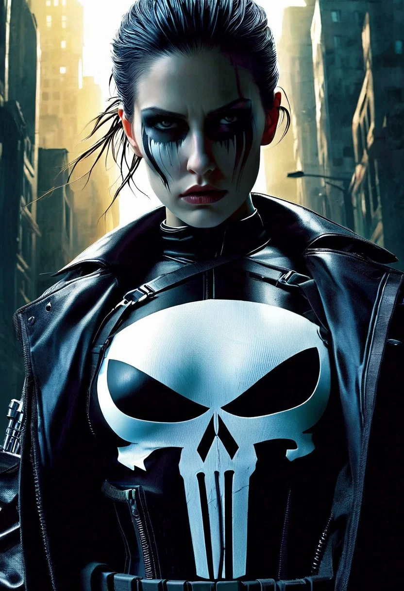 A hyper-realistic depiction of a lone girl's upper body, clad in a dark, gritty Punisher outfit, complete with a stark white skull emblem on her chest, set against a muted, urban backdrop with bold, cinematic lighting, intense shadows, and a futuristic, high-contrast color palette, shot from a slight low-angle perspective with a wide-aperture lens, emphasizing her determined gaze and rugged attire, in the style of a detailed digital painting with subtle texture and depth.