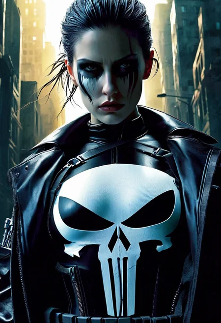 A hyper-realistic depiction of a lone girl's upper body, clad in a dark, gritty Punisher outfit, complete with a stark white skull emblem on her chest, set against a muted, urban backdrop with bold, cinematic lighting, intense shadows, and a futuristic, high-contrast color palette, shot from a slight low-angle perspective with a wide-aperture lens, emphasizing her determined gaze and rugged attire, in the style of a detailed digital painting with subtle texture and depth.