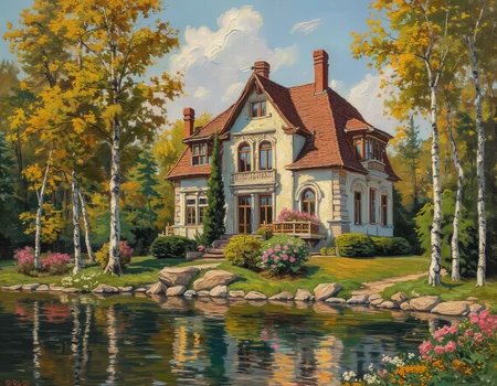 <lora:OBä¸ä¸çºªæ²¹ç»v1.1:1> OByouhua, oil painting
oil painting of traditional aristocratic russian villa, summer vibes, birch trees, floral garden,