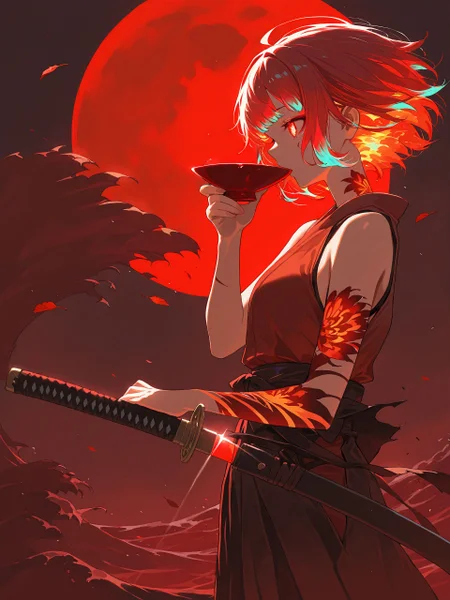 <lora:nai_ILL:0.8>,
<lora:Glowing_Spot_Color_-_Illustrious:0.6>, glowing eyes, streaked hair, glowing inner hair, glowing streaks,
red moon (medium),{{{close-up}}}, 1girl,{{hand on hilt}}, {{solo}},katana,{{alcohol,holding sakazuki,drinking}}, glint,short hair, arm tattoo, {{unsheathing}}, sleeveless, bare shoulders, wind, leaf, chrysanthemum,cherry blossoms, from side, cowboy shot,horror (theme),waves (medium), broken (medium),